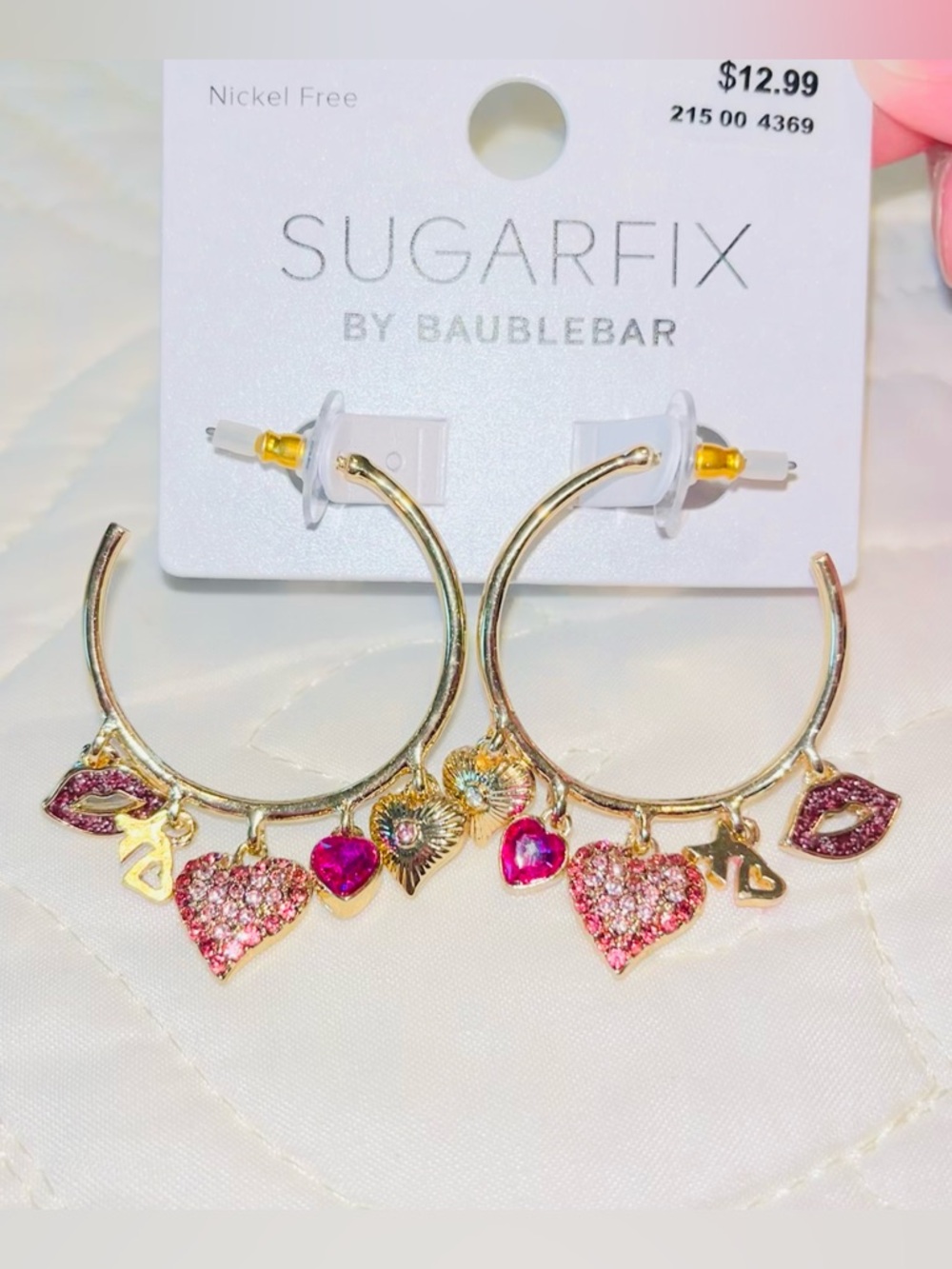 NEW Never Worn! SUGARFIX Gold Heart Necklace and Gold Hoop Earrings with Charms - Picture 3 of 6